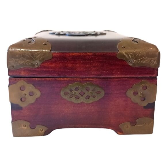 Vintage Cloisonne Wooden Jewelry Box Asian Brass Floral Rosewood Silk Lined - Picture 10 of 16